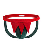Red and dark green low-rise men's thong with hanging bell charms and triangle front