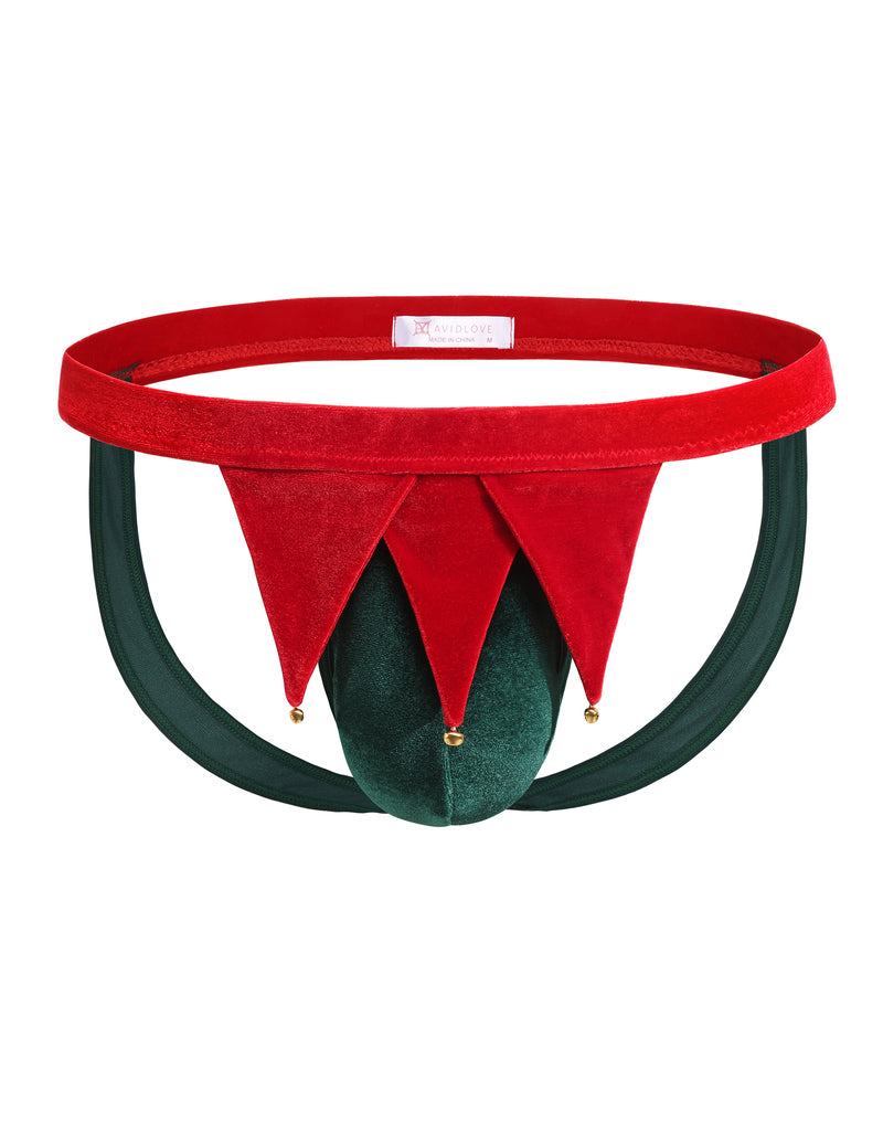 Red and dark green low-rise men's thong with hanging bell charms and triangle front