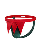 Red and dark green low-rise men's thong with bell accents and triangular garland trim
