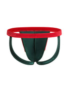 Dark green thong with red low-rise waistband and central panel detail