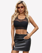 Black mesh camisole tank top with racer neck and sheer bust panel