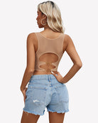 Beige mesh camisole tank top with back oval cutout and gold-ring detail