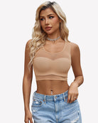 Beige mesh camisole tank top with round neck and sheer bust panel