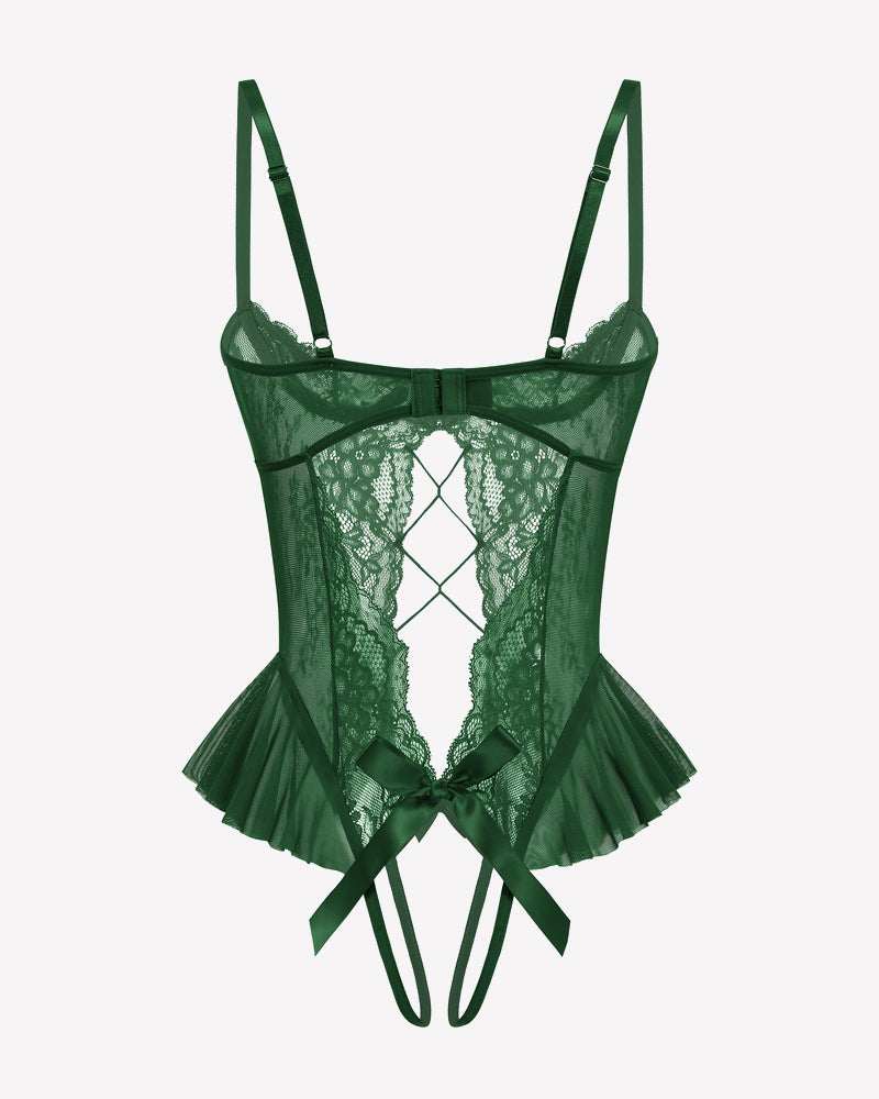 Green lace teddy bodysuit with heart-diamond cutout and bow-tied ruffle trim