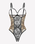 Crotchless lace mini teddy bodysuit in leopard print with sheer mesh and lace panel