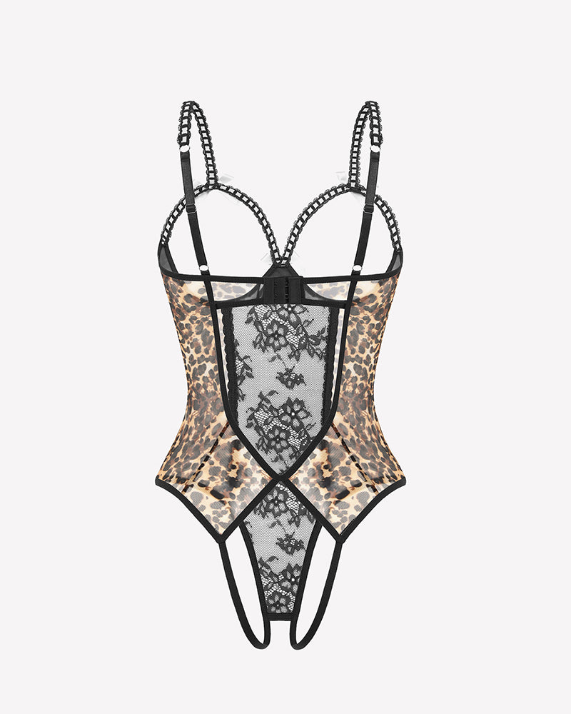 Leopard print crotchless lace mini teddy bodysuit with black straps and sheer front