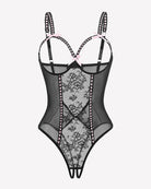 Crotchless lace mini teddy bodysuit in black with sheer mesh and lace-up straps
