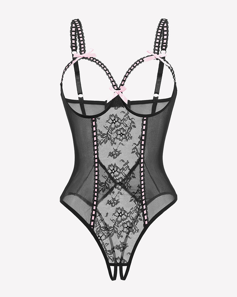 Crotchless lace mini teddy bodysuit in black with sheer mesh and lace-up straps