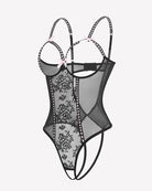 Black crotchless lace mini teddy bodysuit with sheer panels and cross straps