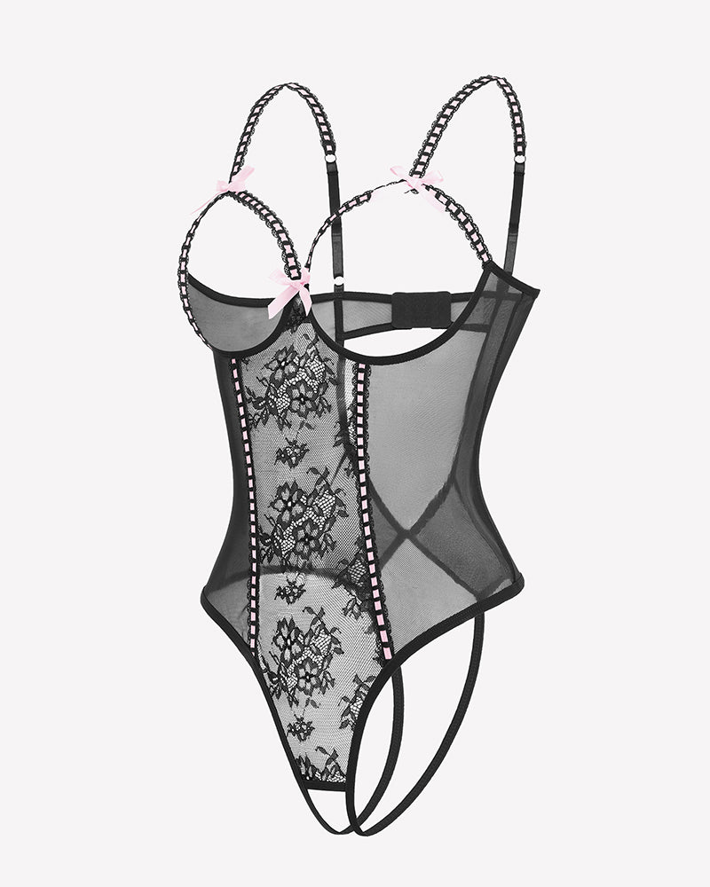 Black crotchless lace mini teddy bodysuit with sheer panels and cross straps