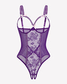 Crotchless lace mini teddy bodysuit in purple with sheer mesh and lace-up straps