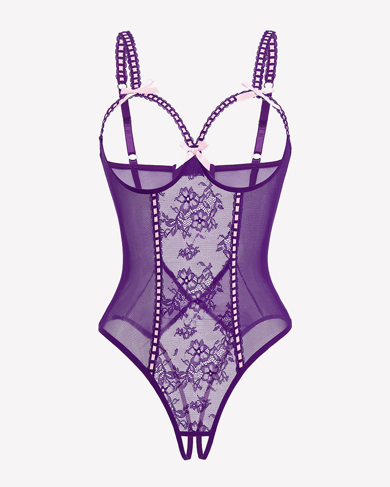 Crotchless lace mini teddy bodysuit in purple with sheer mesh and lace-up straps