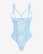 Light blue crotchless lace mini teddy bodysuit with sheer mesh panels and straps