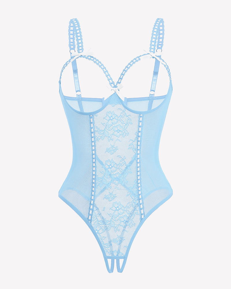 Light blue crotchless lace mini teddy bodysuit with sheer mesh panels and straps