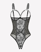Crotchless lace mini teddy bodysuit in black with star pattern mesh and lace-up straps