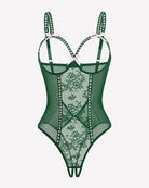 Crotchless lace mini teddy bodysuit in green with sheer mesh and lace-up straps