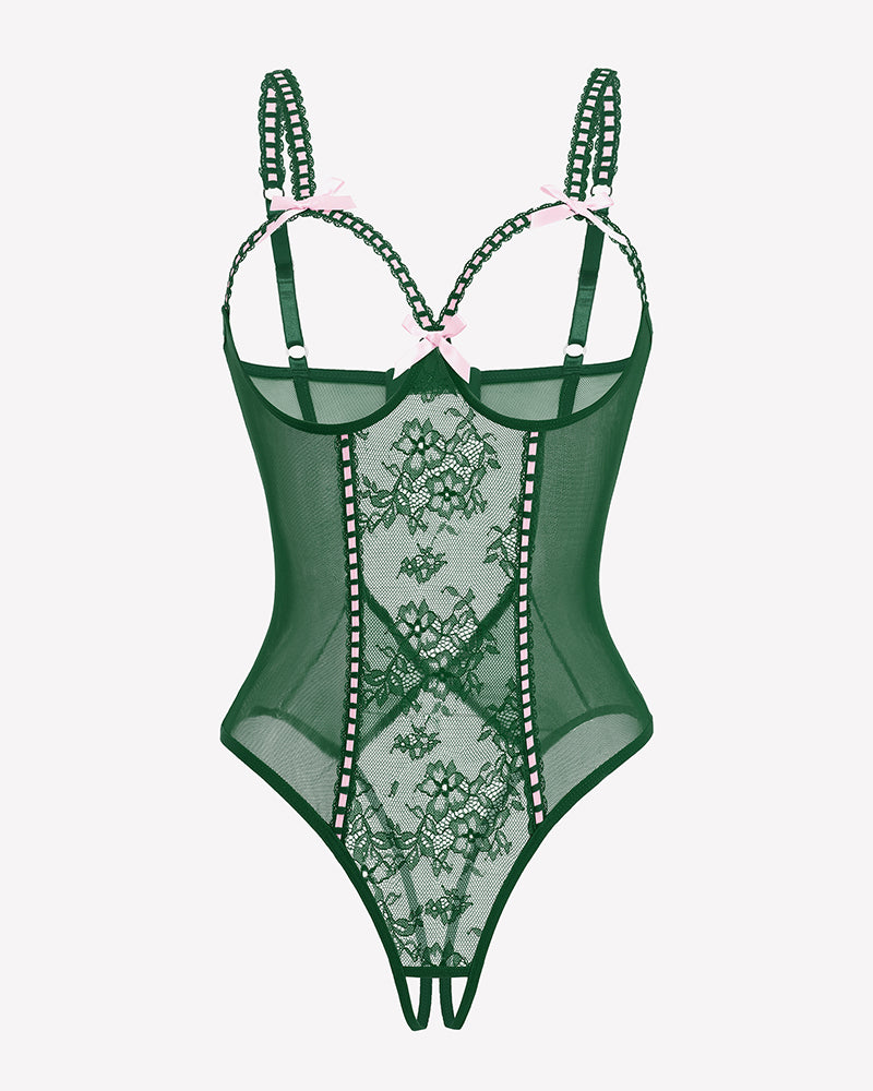 Crotchless lace mini teddy bodysuit in green with sheer mesh and lace-up straps