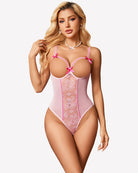 Pink crotchless lace mini teddy bodysuit with sheer center and pink-trim straps