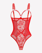 Crotchless lace mini teddy bodysuit in red with sheer mesh and lace-up straps