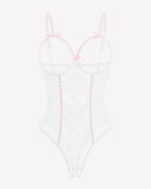 White crotchless lace mini teddy bodysuit with sheer mesh and pink trim
