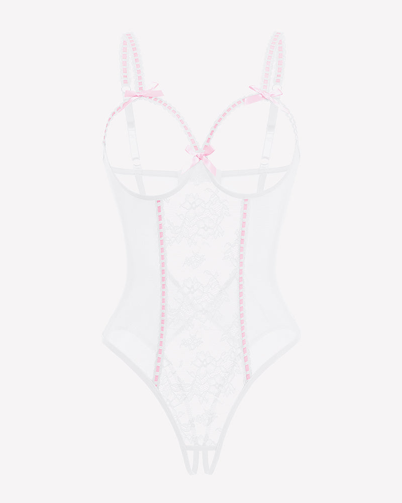 White crotchless lace mini teddy bodysuit with sheer mesh and pink trim