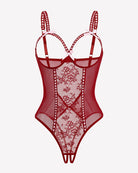 Red crotchless lace mini teddy bodysuit with sheer panels and adjustable straps