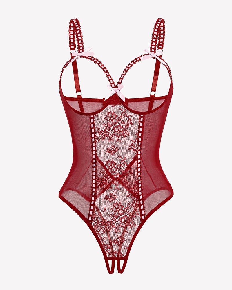 Red crotchless lace mini teddy bodysuit with sheer panels and adjustable straps