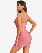 Pink bodycon mini dress with ruched back and spaghetti straps