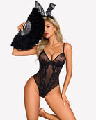 Black lace V-neck teddy bodysuit with underwire cups, sheer mesh, and strappy sides