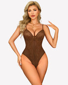 Brown lace V-neck teddy bodysuit with underwire cups, sheer center panel, thin straps