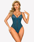 Blue-green lace V-neck teddy bodysuit with underwire cups, sheer lace, narrow straps