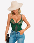 Dark green lace v-neck teddy bodysuit with sheer cups and thin shoulder straps