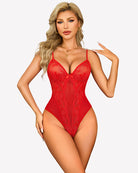 Red lace v-neck teddy bodysuit with plunging sheer cups and underbust seam