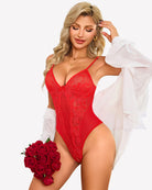 Red lace v-neck teddy bodysuit with scalloped sheer lace pattern and thin straps