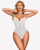 White lace v-neck teddy bodysuit with sheer cups and adjustable shoulder straps