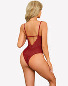 Wine-red lace teddy bodysuit with open-back keyhole and adjustable back straps