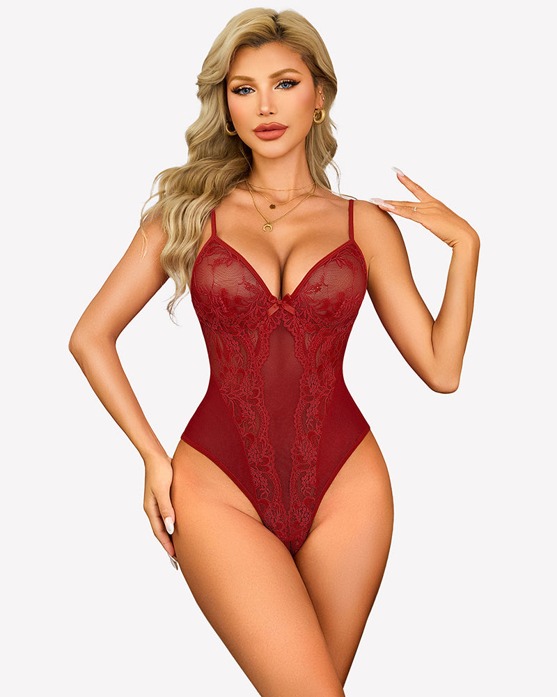 Wine-red lace teddy bodysuit with deep V-neck and adjustable spaghetti straps