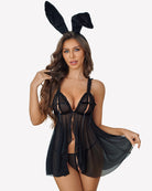 Black sheer mesh babydoll lingerie with open front ruffle hem and thong, tie straps