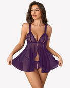 Purple sheer mesh babydoll lingerie with open front ruffle hem and thong