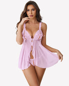 Pink sheer mesh babydoll lingerie with open front ruffle hem and thong, draped sides
