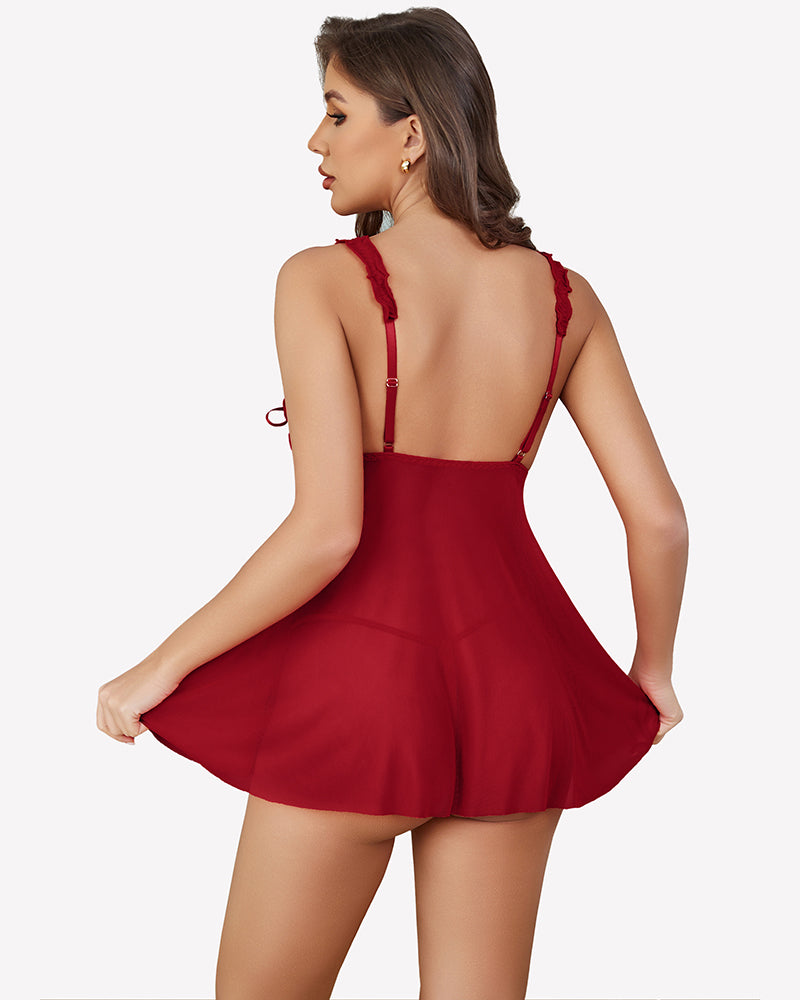 Burgundy sheer mesh babydoll back view with ruffled straps and open-front flared skirt