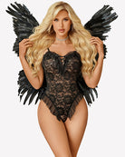 Black lace bodysuit teddy with tie-front bow, scalloped lace pattern, and ruffle hem