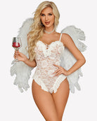 White lace teddy bodysuit with cutout front, strappy bodice, and ruffled trim.