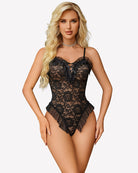 Black lace deep V bodysuit teddy with lace-up front and ruffled leg trim
