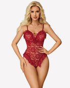 Wine red lace bodysuit teddy with lace-up center and layered ruffle trim