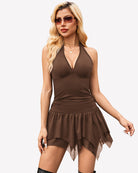 Halter backless mini dress in brown with scalloped V neckline and layered ruffle hem