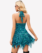 Halter backless mini dress in teal water-ripple print with halter tie and layered hem