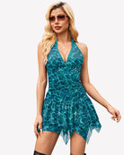Halter backless mini dress in teal water-ripple print with V neckline and ruffled hem