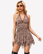 Paisley halter mini dress with deep V neckline, ruched waist and asymmetrical skirt