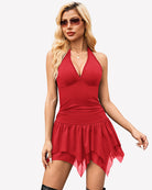 Red halter mini dress with deep V neckline and layered asymmetrical ruffle skirt